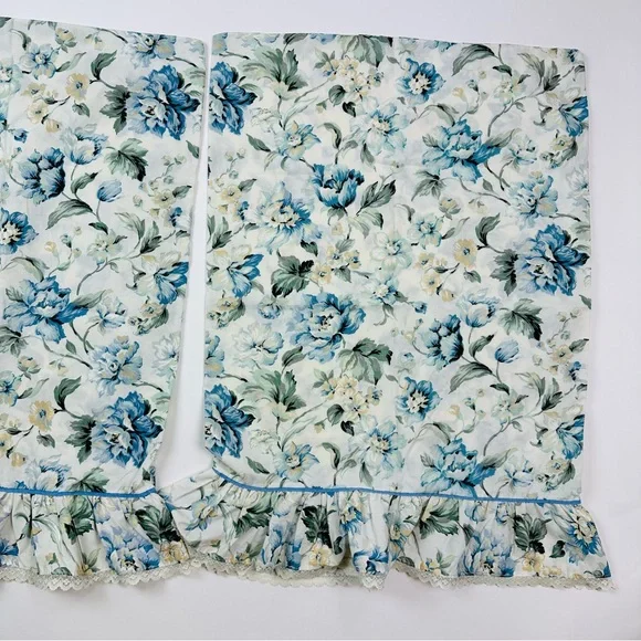 Vintage Blue Floral Cotton Lace Ruffle Trim 2 Standard Pillowcases & Flat Sheet - Picture 9 of 14